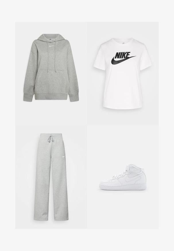 Grå hættebluse lavet af blødt stof, med en frontlomme, justerbare snore og et lille hvidt logo på brystet.; Hvid bomulds t-shirt med rund hals, korte ærmer, og et stort sort Nike-logo trykt på tværs af brystet. Glat tekstur og afslappet design.; Grå sweatpants med elastisk talje, snor detaljer og et lille hvidt Nike-logo på venstre lår. Blødt stof, løs pasform.; Hvide høj-top sneakers lavet af læder med polstret krave, perforeret tå, snørebånd og justerbar ankelrem; logo på siden.