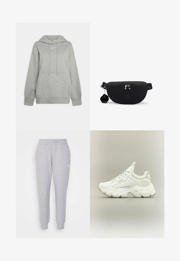 Grijze hoodie gemaakt van zachte stof, met een voorzak, verstelbare koordjes en een klein wit logo op de borst.; Lichtgrijze sweatpants met een trekkoord bij de taille, taps toelopende benen en een klein wit logo op de linkerdij. Gemaakt van een zachte, gestructureerde stof.; Witte chunky sneaker met dikke, gestructureerde zool, bovenwerk van mesh en leer, vetersluiting en treklusjes op tong en hiel.; Zwarte heuptas met dubbele ritssluiting, verstelbare band en een kleine pluchen apensleutelhanger aan de zijkant bevestigd.