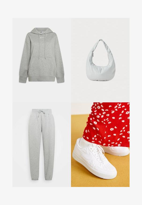 Grå hættebluse lavet af blødt stof, med en frontlomme, justerbare snore og et lille hvidt logo på brystet.; Grå sweatpants med elastisk talje, justerbar snøre og ribbede manchetter. Lavet af blødt stof; har to sidelommer.; Hvide lædersneakers med blomsterprægede detaljer, rund tå og en tekstureret gummisål. Parret med røde bukser med hvidt blomsterprint.; Blød, lys grå hobo-taske lavet af syntetisk materiale. Har et enkelt polstret håndtag og en lynlåslomme på siden.