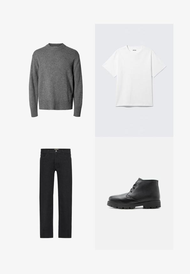 Grauer Pullover mit langen Ärmeln und Rundhalsausschnitt, mit gerippten Bündchen, Saum und Kragen, aus weichem Strickstoff.; Weißes T-Shirt mit kurzen Ärmeln und Rundhalsausschnitt, flach liegend, schlichtes Design, mit „WEEKDAY“-Etikett innen im Kragen auf hellem Hintergrund.; Schwarze gerade Jeans aus Denim mit einem Knopfverschluss am Bund, fünf Taschen und einem minimalistischen Design ohne sichtbare Muster.; Schwarzer Leder-Stiefelette mit Schnürung vorne und robuster Sohle, seitlich auf hellem Hintergrund gezeigt.
