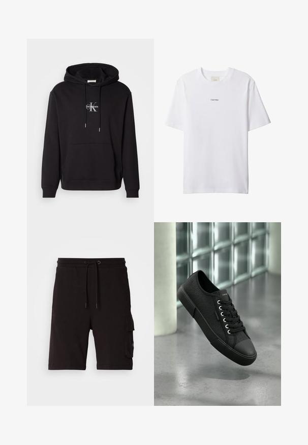 Sort bomulds hættejakke med snoretræk i hætten, kangaroo-lomme og et sølvfarvet logo, der viser "Calvin Klein" og "CK" på brystet.; Hvid bomuld t-shirt med rund hals og korte ærmer. Har en lille sort "Calvin Klein"-logo centreret på brystet.; Sorte bomulds cargo shorts med justerbar snor i taljen, sidelommer og et afslappet fit design.; Sort lavt snøresko med tekstureret mønster, sort sål og snørebånd, svævende over en poleret betongulv nær glasblokke.