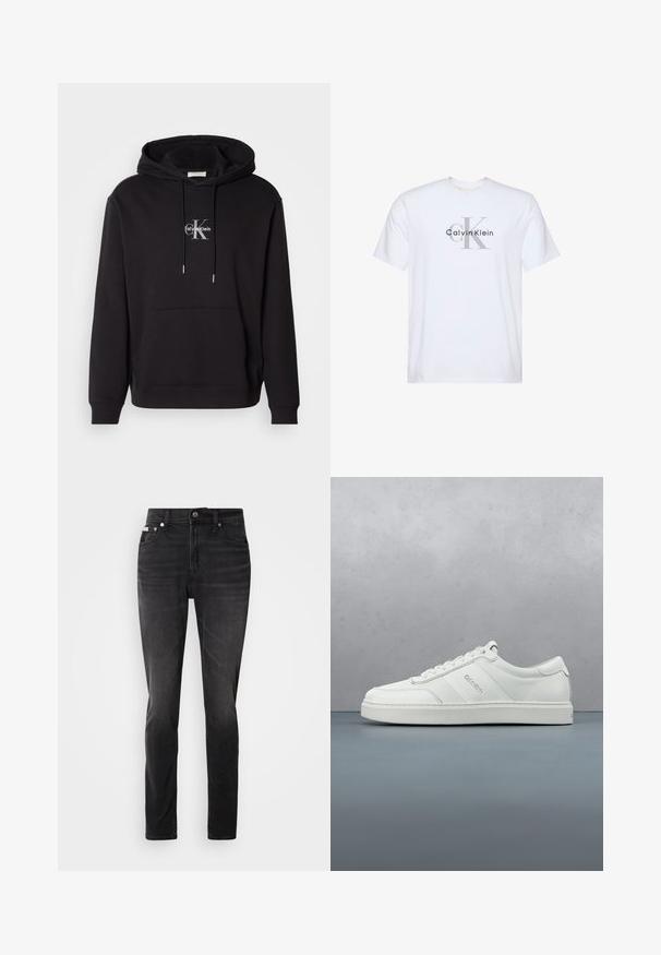 Čierna bavlnená mikina s kapucňou so šnúrkou, klokaní vreckom a strieborným logom, ktoré obsahuje "Calvin Klein" a "CK" na hrudi.; Biele tričko s krátkym rukávom so sivým logom "ck" a čiernym textom "Calvin Klein" potlačeným na prednom strede.; Čierne džínsové nohavice so slim fit strihom, dizajnom s piatimi vreckami a zapínaním na gombík. Obsahujú jemné vyblednutie a prešívanie na vreckách.; Biele nízke tenisky s detailom na šnurovanie, textúrovanými koženými panelmi a diskrétnym logom na boku, na jednoduchom svetlom pozadí.