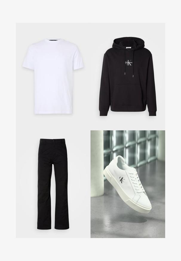 Čierna bavlnená mikina s kapucňou so šnúrkou, klokaní vreckom a strieborným logom, ktoré obsahuje "Calvin Klein" a "CK" na hrudi.; Biela bavlnená tričko s krátkymi rukávmi a okrúhlym výstrihom, s jemne embosovaným logom na ľavej hrudi, hladká textúra.; Čierne bavlnené nohavice s rovnými nohavicami, s gombíkovým zapínaním a pútkami na opasok. Hladká textúra a minimalistický štýl bez viditeľných vzorov.; Biela teniska Calvin Klein so šnúrkami, zobrazená vznášajúca sa nad leštenou betónovou podlahou a stenou z sklenených blokov.