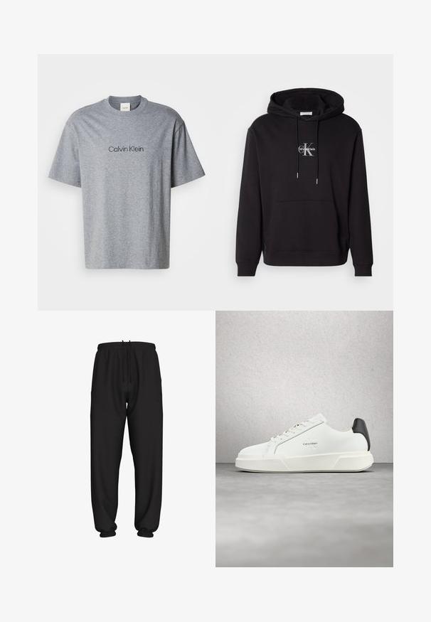 Sort bomulds hættejakke med snoretræk i hætten, kangaroo-lomme og et sølvfarvet logo, der viser "Calvin Klein" og "CK" på brystet.; Grå bomulds t-shirt med korte ærmer, rund halsudskæring og et trykt "Calvin Klein" logo i en mørkere nuance på brystet.; Svarte løstsiddende joggingbukser med elastisk talje og manchetter, med justerbar snøre i taljen.; Hvide sneakers med en glat læderoverdel, flade snørebånd og en forhøjet hvid sål. Har en sort detalje ved hælen og et præget logo.