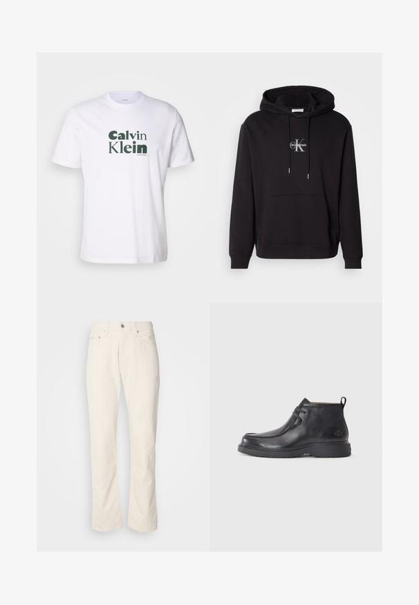 Čierna bavlnená mikina s kapucňou so šnúrkou, klokaní vreckom a strieborným logom, ktoré obsahuje "Calvin Klein" a "CK" na hrudi.; Biely bavlnený tričko s krátkym rukávom, na prednej strane s potlačou zeleného loga "Calvin Klein". Má okrúhly výstrih a štandardný strih.; Béžové bavlnené džínsy s klasickým strihom rovného nohu, so zapínaním na prednom tlačidle, piatimi vreckami a jemnými detailmi v šití.; Čierne kožené členkové čižmy s okrúhlou špičkou, šnurovací dizajn a pútko na zadnej strane. Štruktúrovaný zvršok a gumová podrážka.