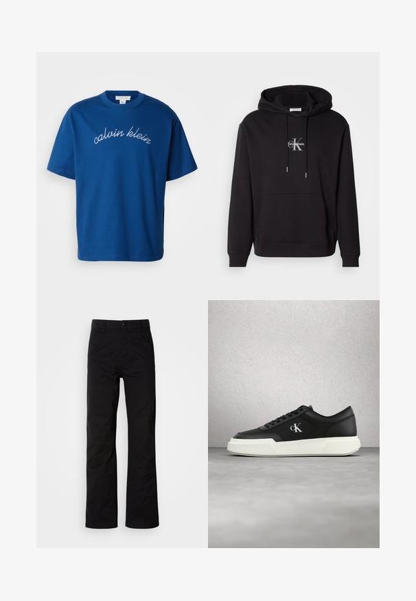 Schwarzer Baumwollhoodie mit verstellbarem Kapuzenzug, Kängurutasche und einem silbernen Logo mit "Calvin Klein" und "CK" auf der Brust.; Blauses Baumwoll-T-Shirt mit Rundhalsausschnitt und kurzen Ärmeln, auf dem "calvin klein" elegant in weißer Schreibschrift über die Brust gestickt ist.; Schwarze Baumwollhosen mit geradem Bein, ausgestattet mit einem Knopfverschluss und Gürtelschlaufen. Glatte Textur und minimalistischer Stil ohne sichtbare Muster.; Schwarzer Ledersneaker mit weißer Sohle und "cK" Logo, schwebend vor einer Wand aus Glasklötzen und einem Betonboden.