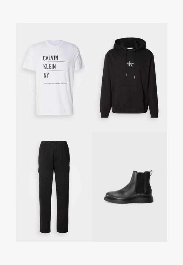 Zwarte katoenen hoodie met een trekkoordcapuchon, kangoeroezak en een zilveren logo met "Calvin Klein" en "CK" op de borst.; Witte t-shirt met zwarte tekst "CALVIN KLEIN NY," met twee horizontale lijnen en aanvullende tekst "Calvin Klein Established 1968 NYC" aan de onderkant.; Zwarte cargobroek van duurzaam materiaal; heeft een elastische tailleband, voor- en zijzakken en een recht model.; Zwarte leren Chelsea boots met een gestructureerde afwerking, elastische zijpanelen en een stevige rubberen zool. Subtiele branding op de hiel.