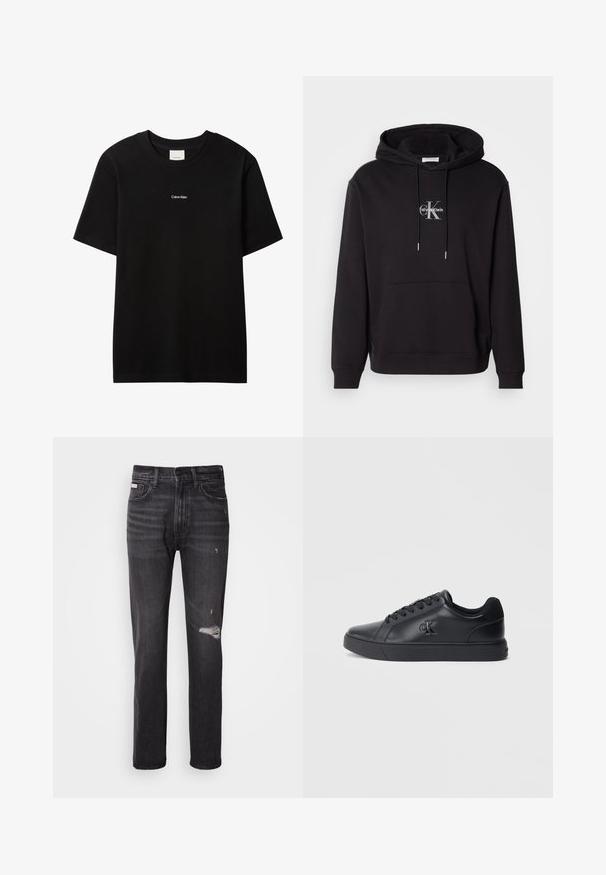 Musta puuvillahuppari, jossa on narulla säädettävä huppu, kengurupocket ja hopeinen logo, jossa lukee "Calvin Klein" ja "CK" rinnassa.; Musta puuvillainen t-paita, jossa pyöreä pääntie ja lyhyet hihat. Edessä pieni valkoinen "Calvin Klein" -logo. Sileä, klassinen istuvuus.; Mustat farkut, joissa on suora lahjeratkaisu, kulutukset polvessa, viisi taskua ja hillitty haalistunut pinta.; Musta nahkakengät nauhoitetulla designilla, kumipohjalla ja kohokuvioidulla logolla sivussa, joissa on sileä pinta ja minimalistinen tyyli.