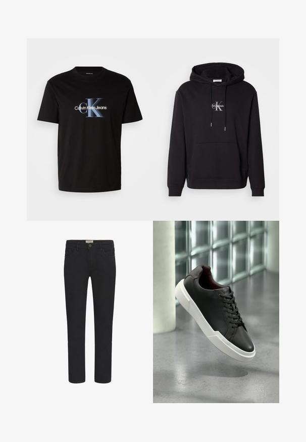 Sudadera de algodón negra con capucha ajustable, bolsillo canguro y un logo plateado con "Calvin Klein" y "CK" en el pecho.; Camiseta de algodón negra con un destacado logo "CK" en azul y blanco y el texto "Calvin Klein Jeans" debajo, de mangas cortas y con cuello redondo.; Vaqueros de mezclilla negra con corte recto, diseño de cinco bolsillos y cierre frontal de botón. Textura suave con sutiles detalles de costura.; Zapatilla de cuero negra con suela blanca gruesa, cordones negros, flotando sobre un suelo de concreto gris cerca de una pared de bloques de vidrio.