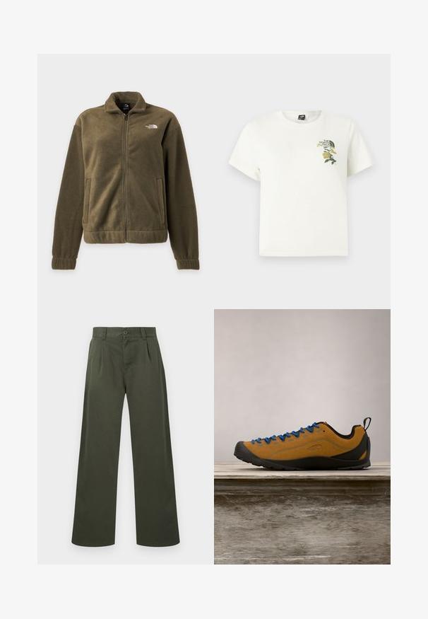 Veste polaire vert olive avec fermeture éclair complète à l’avant, col montant, poches latérales et logo blanc The North Face sur la poitrine.; T-shirt en coton blanc à manches courtes. Présente une broderie florale verte et jaune sur le côté gauche de la poitrine, logo inclus. Coupe droite.; Pantalon vert olive à jambes droites avec passants pour ceinture, fermeture à boutons à l'avant et poches latérales sur fond blanc.; Chaussure d'extérieur en suède marron avec des lacets bleus, semelle en caoutchouc noir et un design épuré. Équipée d'une languette à l'arrière pour un enfilage facile.