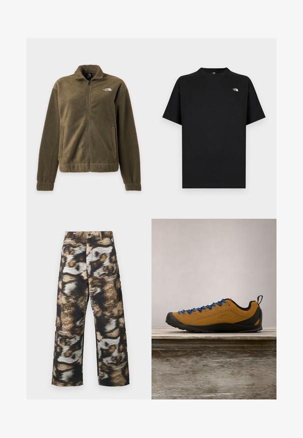 Veste polaire vert olive avec fermeture éclair complète à l’avant, col montant, poches latérales et logo blanc The North Face sur la poitrine.; T-shirt noir à manches courtes en coton avec un col rond. Présente un petit logo blanc sur la poitrine gauche et une coupe standard.; Pantalon à jambes larges présentant un motif abstrait audacieux en noir, marron et crème. Confectionné dans un tissu texturé avec une taille haute.; Chaussure d'extérieur en suède marron avec des lacets bleus, semelle en caoutchouc noir et un design épuré. Équipée d'une languette à l'arrière pour un enfilage facile.