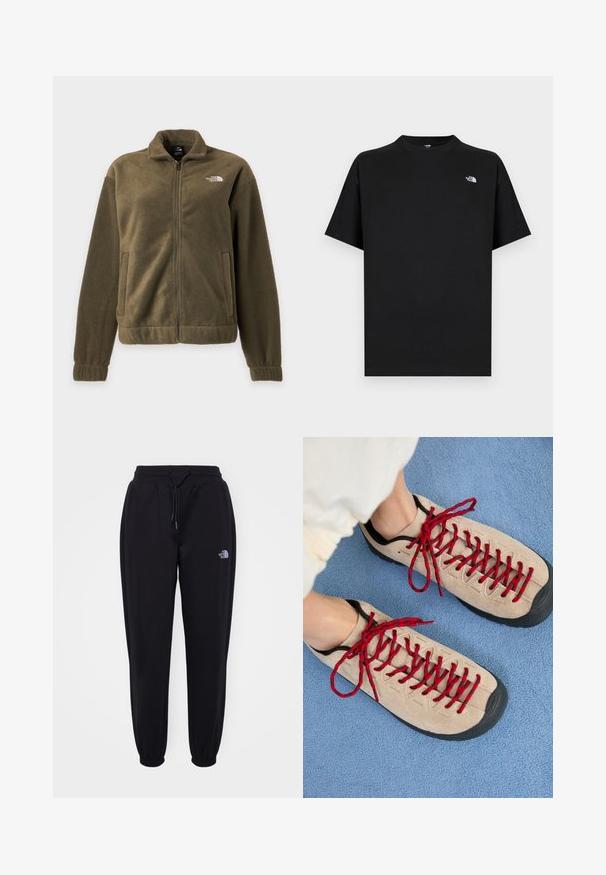 Olivengrøn fleecejakke med fuld lynlås foran, ståkrave, sidelommer og hvidt The North Face-logo på brystet.; Sort t-shirt med korte ærmer lavet af bomuld med rund hals. Har en lille hvid logo på venstre bryst og en standard pasform.; Sorte joggingbukser med elastisk talje og manchetter, snoretræk, sidelommer og lille hvid The North Face-logo på højre lår.; Beige sko med røde snørebånd, placeret på en blå tekstureret overflade, delvist synliggørende en persons ankel. Skoene har et sporty design.