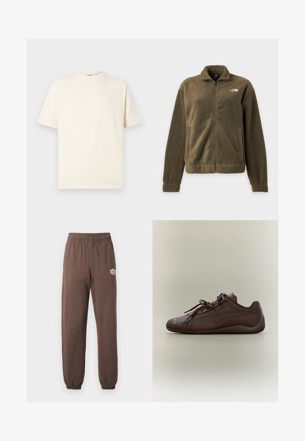 Veste polaire vert olive avec fermeture éclair complète à l’avant, col montant, poches latérales et logo blanc The North Face sur la poitrine.; T-shirt en coton crème à manches courtes, col rond, avec un petit logo sur le devant. Design simple, texture douce, et coupe décontractée.; Pantalons de survêtement marron avec une taille élastique et des poignets, arborant un petit logo blanc sur la hanche. Texture douce et lisse.; Baskets Puma marron foncé avec lacets, semelle basse et logo discret sur le côté, vues de profil gauche sur fond clair.