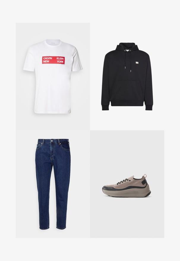 Sudadera negra con capucha tipo pulóver, bolsillo canguro frontal, capucha con cordón y pequeño logo cuadrado en el pecho izquierdo.; Camiseta de algodón blanca con un audaz texto gráfico rectangular rojo: "CALVIN NEW KLEIN YORK." Con mangas cortas y un diseño de cuello redondo.; Vaqueros de mezclilla azul oscuro de corte recto, con cierre frontal de botón y cremallera, trabillas para cinturón y bolsillos delanteros y traseros.; Zapatillas ligeras en beige y negro. Parte superior de punto con cierre de cordones, realzada por una suela texturizada y una lengüeta trasera para facilitar el calzado.