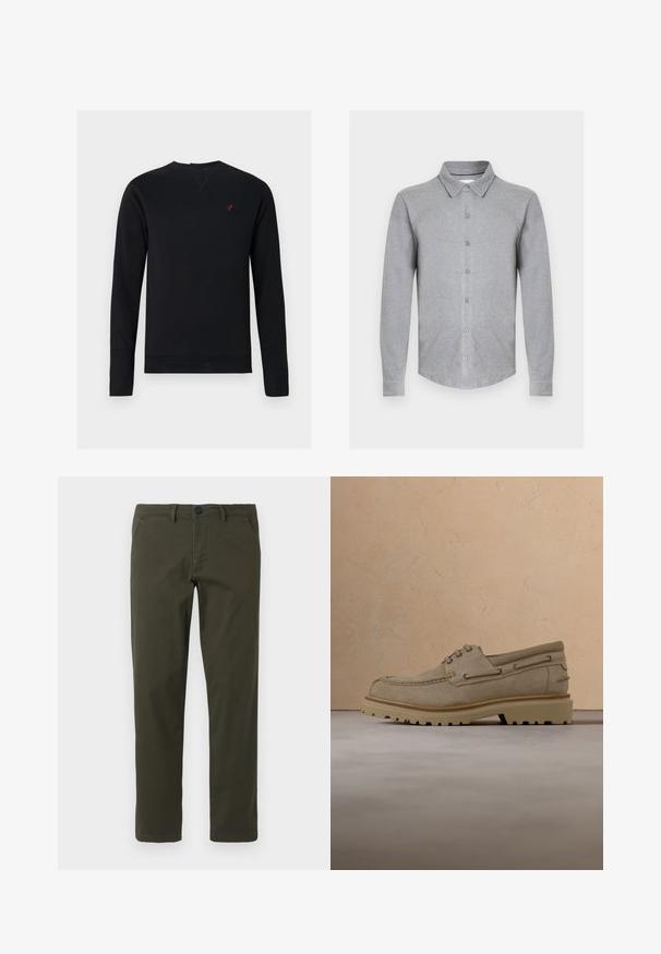 Sweatshirt noir en coton avec manches longues, col rond, poignets côtelés et un petit logo d'oiseau rouge sur la poitrine.; Chemise grise à manches longues en tissu doux, avec un col à revers, une fermeture boutonnée sur le devant et un ourlet arrondi. Design simple sans motifs.; Pantalons droits en vert olive fabriqués à partir d'un mélange de coton. Présentent une fermeture éclair, des passants de ceinture et deux poches latérales. Texture lisse.; Chaussure décontractée beige en daim à lacets avec une semelle épaisse et rainurée, présentée en suspension au-dessus d'une surface texturée beige assortie et d'un arrière-plan.
