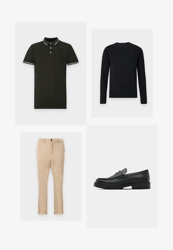 Sweatshirt noir en coton avec manches longues, col rond, poignets côtelés et un petit logo d'oiseau rouge sur la poitrine.; Polo shirt vert foncé en tissu texturé. Présente une patte de boutonnage à deux boutons, un col et des poignets à rayures blanches et marine contrastantes.; Chinos beiges en tissu lisse, avec une coupe droite, des poches avant, et une fermeture à un seul bouton noir à la taille.; Mocassins en cuir noir à bout arrondi, avec un design cousu, une semelle plateforme basse et une semelle en caoutchouc texturée et crantée.