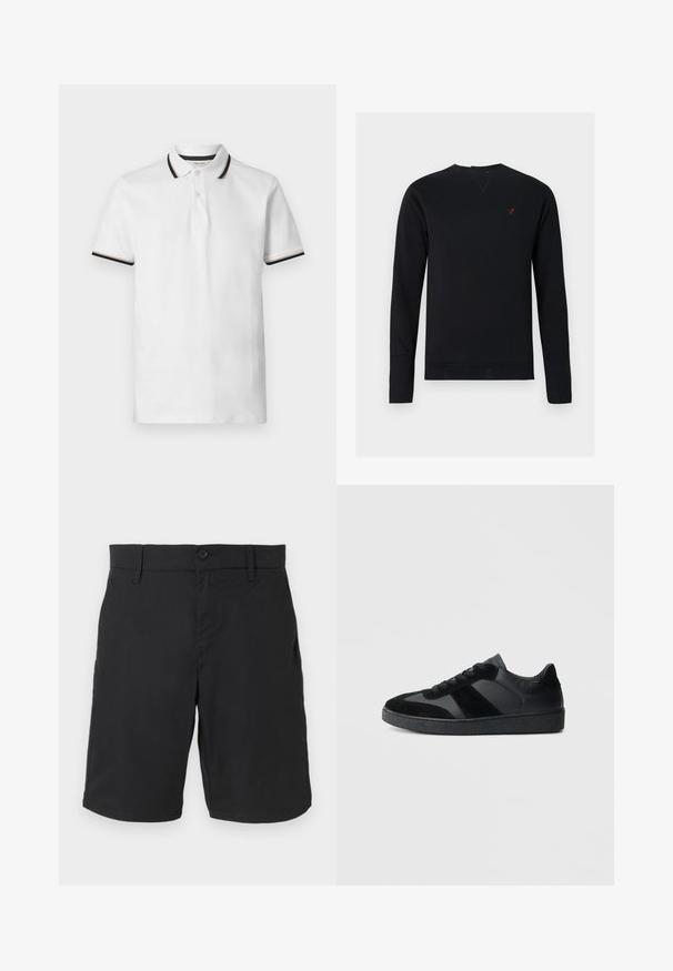 Sweatshirt noir en coton avec manches longues, col rond, poignets côtelés et un petit logo d'oiseau rouge sur la poitrine.; Polo blanc à manches courtes avec rayures noires et beiges sur le col et les bords des manches, patte à deux boutons et tissu en coton doux.; Shorts noirs mi-longue avec fermeture à bouton et fermeture éclair, passants pour ceinture et poches latérales, présentés à plat sur un fond blanc.; Baskets noires combinant cuir lisse et daim, avec une semelle en caoutchouc noire texturée et un détail de rayures discrètes.