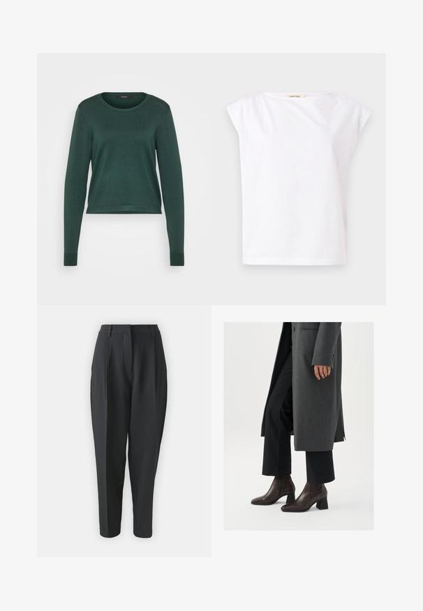 Pull vert, texture côtelée, col rond, manches longues et longueur courte. Matière lisse de couleur unie sans motifs ni accents visibles.; T-shirt blanc en coton à manches courtes avec un col rond et une petite étiquette "Selected" à l'intérieur du col.; Pantalons noirs ajustés avec taille haute, plis et jambe fuselée. Tissu lisse sans motifs ni ornements visibles.; Bottines à talons hauts en cuir marron foncé avec un bout pointu et un talon carré, associées à un pantalon noir et un manteau gris.
