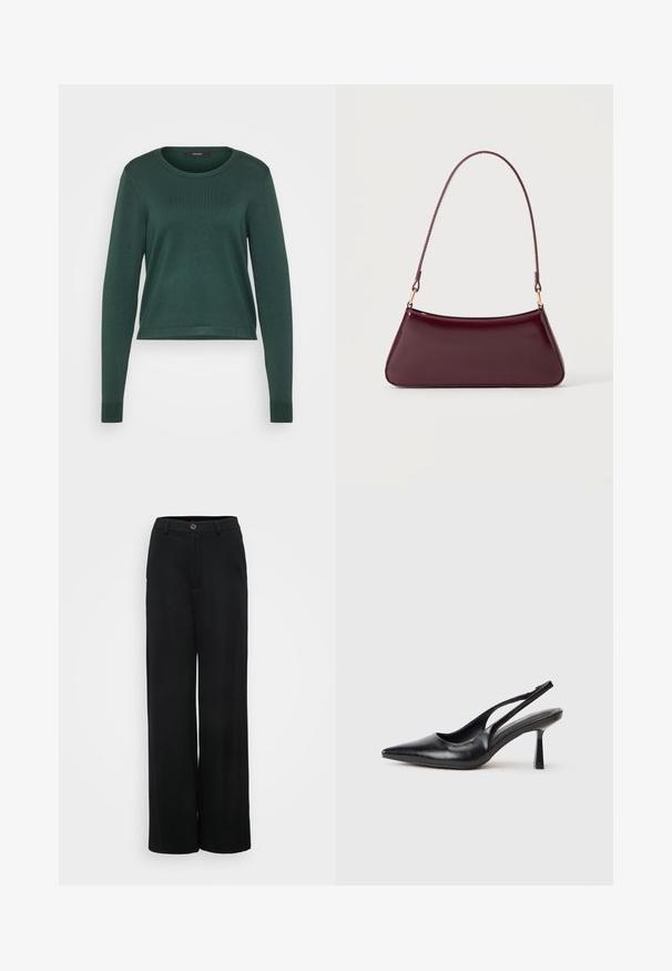 Groene sweater met ribbelstructuur, ronde hals, lange mouwen en een cropped lengte. Glad materiaal in een effen kleur zonder zichtbare patronen of accenten.; Zwarte wijde broek met een gladde textuur, voorzien van een knoopsluiting en voorzakken. Klassiek en veelzijdig ontwerp geschikt voor verschillende gelegenheden.; Zwarte leren slingback hoge hak schoenen met puntige neus en slanke hak op een witte achtergrond.; Donker bordeaux glanzende handtas met een enkele dunne handgreep en een slanke trapeziumvorm op een effen lichte achtergrond.