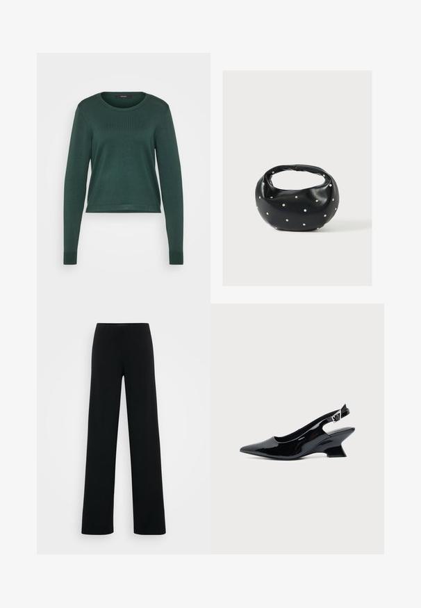Grøn sweater, ribbet tekstur, rund hals, lange ærmer og cropped længde. Glat materiale med en ensfarvet overflade uden synlige mønstre eller detaljer.; Vero Moda Tall VMBERLIN ZAMIRA WIDE - Bukser - black; Sort laklæder slingback sko med spids tå og lav vinklet blokhæl på ensartet lys baggrund.; Sort læderhåndtaske med en rundet form, dekoreret med sølvnitter, og et kort håndtag. Glat tekstur og lynlåslukning.