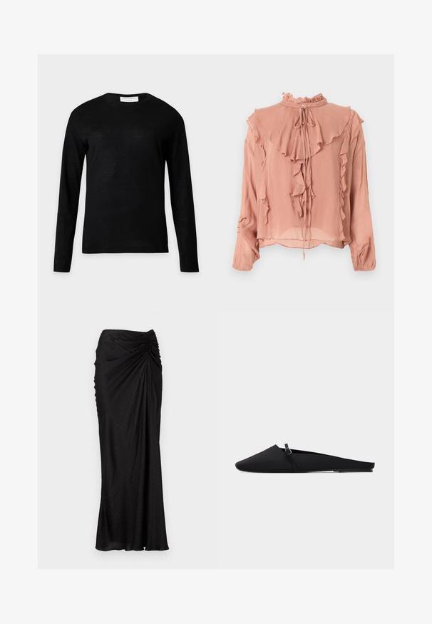 Zwarte trui met lange mouwen en ronde hals met een klein wit label achteraan de kraag, weergegeven op een effen lichtgrijze achtergrond.; Roze blouse met lange mouwen, een gerimpelde hoge halslijn, gelaagde ruches aan de voorkant en mouwen, en een striksluiting bij de nek.; Zwarte midi rok van soepel materiaal met een gedrapeerd ontwerp, gestructureerde stippen en gerimpelde details bij de taille.; Zwarte platte slide-schoen met puntige neus, dunne band en zilveren gesp, glad materiaal en lage hak tegen een witte achtergrond.