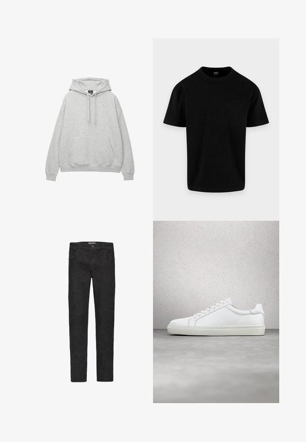 Lysegrå hoodie lavet af blødt bomuldsblanding, har en hætte med snor, frontlomme og ribbede manchetter og kant.; Simpel sort kortærmet bomuld T-shirt med rund hals og almindelig pasform, vist på en lys grå baggrund.; Sorte denim jeans med lige ben. Funktioner inkluderer fem lommer, knaplukning og diskrete syninger langs sømmene.; Hvide sneakers med en glat læderoverdel og lav profil. Har en rund tå, seks snørehuller og en tekstureret gummisål.