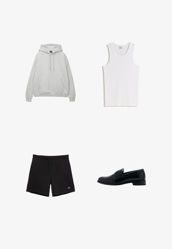 Hoodie gris clair en mélange de coton doux, avec une capuche à cordon de serrage, une poche avant à rabat et des poignets et un ourlet côtelés.; Débardeur blanc en coton avec un col rond et de larges bretelles. Texture lisse, sans motifs ni accents, design simple.; Shorts noirs décontractés avec une ceinture élastique, un cordon de serrage, deux poches latérales et un petit logo blanc brodé sur la jambe gauche.; Mocassin en cuir noir avec un talon bas, un bout rond et un détail classique de bride à penny sur le dessus.