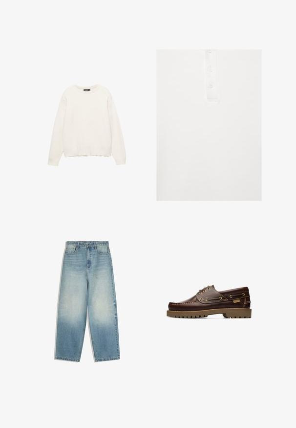 Pull crème en tissu doux. Présente un col rond, des manches longues et un ourlet côtelé. Design simple et décontracté.; Polo blanc avec une patte boutonnée comportant trois boutons blancs assortis, centré sur un fond uni.; Jean denim bleu clair à jambes larges avec poches avant, fermeture par bouton, et effet délavé sur les cuisses et les genoux.; Chaussure bateau en cuir marron à lacets avec des détails cousus et une semelle en caoutchouc épaisse, vue de côté.
