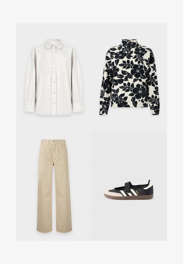Pull en polaire noir et blanc avec grand motif floral, manches longues, col montant et fermeture éclair devant à mi-hauteur.; Chemise à boutons imprimé léopard en tissu gris clair, avec un col pointu, une poche poitrine et des manches longues.; Pantalon beige taille haute à jambes larges avec bouton frontal, fermeture éclair et poches latérales, présenté sur un fond blanc uni.; Baskets noires et beiges avec une bride en velcro, trois bandes blanches sur le côté, et une semelle en caoutchouc marron texturée. Logo de la marque visible.