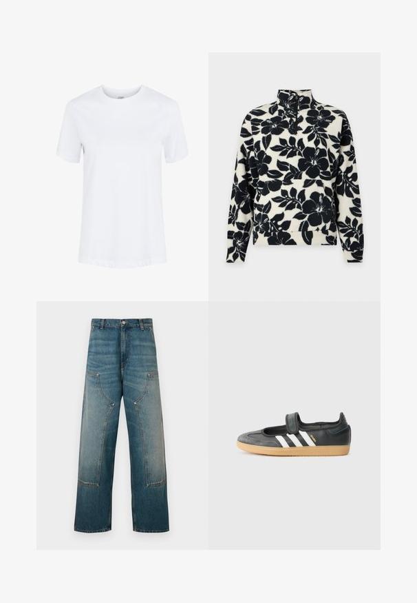 Sort og hvid fleece-pullover med stort blomstermønster, lange ærmer, høj krave og halv lynlås foran.; Hvid kortærmet bomuld T-shirt med rund hals og foldede ærmekanter, vist på en ensartet hvid baggrund.; Højtaljede denimjeans i en lys blå vask med vide ben, kontrastsyninger og detaljerede lommeomslag på hver side.; Sort læder- og ruskinds sneakers med en Velcro-rem, der har tre hvide striber og en gummisål, mærket "SAMBA" på siden.