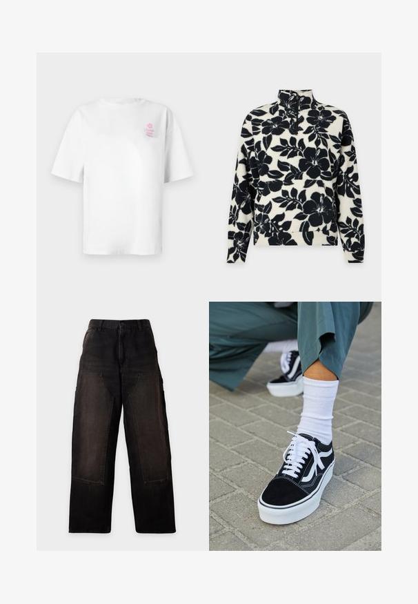 Pull en polaire noir et blanc avec grand motif floral, manches longues, col montant et fermeture éclair devant à mi-hauteur.; T-shirt en coton blanc à manches courtes, col rond, avec un petit logo rose "Vacation Club" sur le côté gauche de la poitrine.; Pantalon noir à jambes larges avec taille haute et grandes poches plaquées devant, présenté à plat sur un fond blanc.; Baskets en suède noir avec des accents et des lacets blancs, présentant une épaisse semelle blanche et des coutures contrastantes, associées à une chaussette blanche.