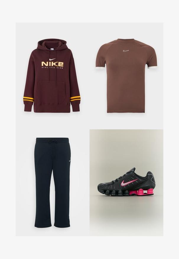 Tmavomodrý vínový mikina Nike so žltými dvojitými pásmi na rukávoch, predným klokanie vreckom a textom "NIKE ATHLETIC CLUB" s logom na hrudi.; Hnedá košeľa s krátkym rukávom z hladkej tkaniny, s vysokým golierom a bielymi prvkami na manžetách rukávov, s malým logom na hrudi.; Čierne tepláky s elastickým pásom a nastaviteľnou šnúrkou. Obsahujú malé biele logo Nike na ľavej strane. Mäkká textúra látky.; Čierno-ružová športová obuv Nike s viditeľnými vzduchovými podrážkami a ružovým logom Nike na boku.