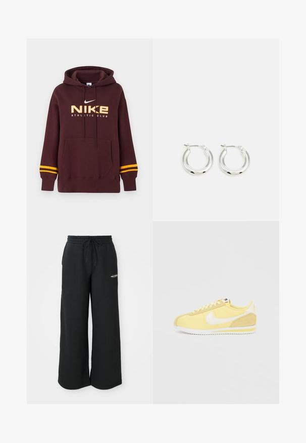 Donker bordeauxrode Nike-hoodie met gele dubbele strepen op de mouwen, voorzak in kangaroostijl en "NIKE ATHLETIC CLUB" tekst met logo op de borst.; Zwarte sweatpants met wijde pijpen, gemaakt van zachte stof. Ze hebben een elastische tailleband met een trekkoord en een klein logo aan de linkerkant.; Gele Nike Cortez sneaker met witte swoosh, beige suède accenten, witte zigzagzool en gele gestreepte tussenzool, zijaanzicht.; Zilveren oorbellen in de vorm van een ring met een gepolijste afwerking, met een cirkelvorm en een scharnierende postsluiting. Glad oppervlak met minimale details.