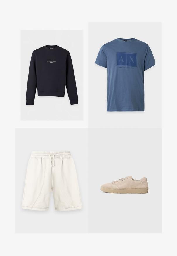 Sweat-shirt noir à manches longues et col rond avec le texte blanc "EMPORIO ARMANI MILANO" centré sur la poitrine.; T-shirt bleu à manches courtes Armani Exchange avec col rond et logo A|X imprimé sur la poitrine dans une teinte bleu foncé.; Shorts décontractés écrus avec taille élastique, cordon de serrage et détails de coutures visibles, conçus pour le confort et le port quotidien.; Baskets en daim beige avec un bout rond, des lacets plats et une semelle en caoutchouc texturé. Design minimaliste avec des bords lisses et des coutures discrètes.