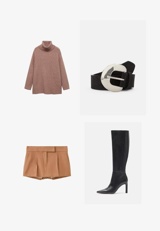 Overdimensioneret turtleneck sweater i blødt, lysebrunt strik. Har en ribkantet halsudskæring og manchetter, med en afslappet pasform og uden synlige mønstre.; Højtaljede, tilpassede shorts i tanbrun farve med forreste læg og sidelommer, med bredt linning og skjult lukning.; Knæhøje sorte læder stiletto støvler med spids tå og glat tekstur, der har et slankt design og minimal syning.; Sort ruskindsbælte med en stor, poleret sølvfarvet oval spænde og en struktureret overflade. Har et klassisk design med en standard lukning.