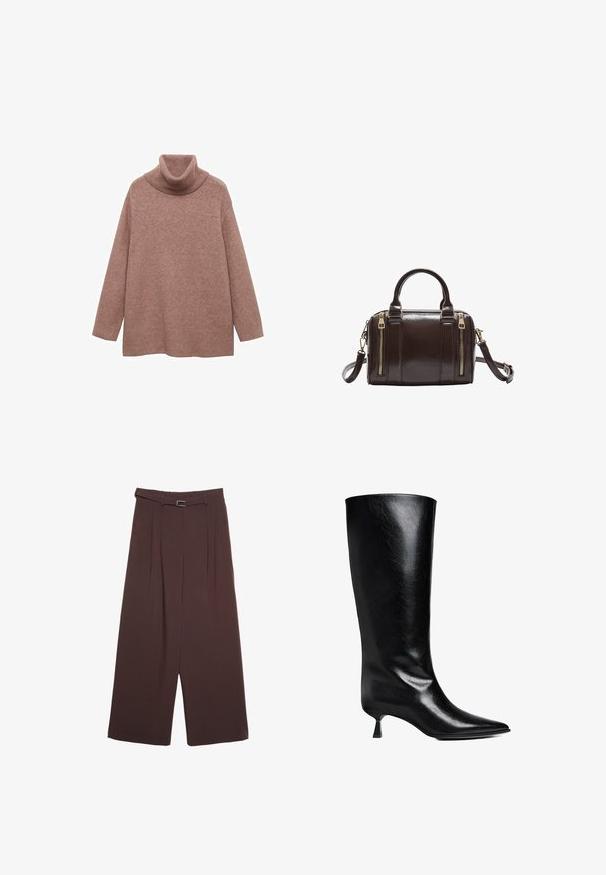 Overdimensioneret turtleneck sweater i blødt, lysebrunt strik. Har en ribkantet halsudskæring og manchetter, med en afslappet pasform og uden synlige mønstre.; Stradivarius SMART WIDE-LEG WITH BUCKLE DETAIL - Bukser - dark brown; Sort læderknæhøje støvler med spidse tæer, slank silhuet og en lav blokhæl med en blank finish.; Mørkebrunt læderhåndtaske med to guld lynlåse på forsiden, dobbelte håndtag og en aftagelig skulderrem.