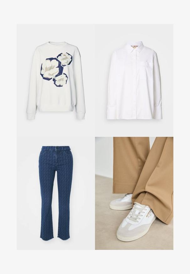 Weißer Sweatshirt mit drei großen floralen Designs in cremigen und marineblauen hexagonalen Akzenten, mit gerippten Bündchen und einem runden Ausschnitt.; Weißes Baumwollhemd mit Knopfverschluss. Verfügt über einen Kragen, lange Ärmel, eine Brusttasche und eine dezente Textur. Schlichtes Design ohne Muster.; Dunkelblaue Jeans mit einem wiederholten kreisförmigen Muster, geradem Beinschnitt, ausgefransten Säumen und traditionellem Fünf-Taschen-Design, mit einem Knopfverschluss vorne.; Weiße Sneakers mit Wildlederakzenten, strukturierten Schnürsenkeln und einer Gummisohle. Kombiniert mit lockeren, sandfarbenen Hosen. Logo an der Seite angebracht.