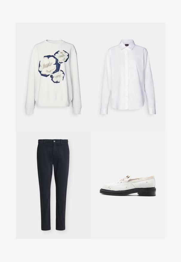 Hvid sweatshirt med tre store blomsterdesigns i creme og marineblå hexagonale detaljer, med ribbede manchetter og en rund halsudskæring.; Hvid langærmet skjorte med knapper lavet af bomuld. Har en klassisk krave og diskret mærke-broderi på brystet. Glat tekstur.; Mørkeblå mænds slim-fit afslappede bukser med knaplukning og bæltestropper, vist på en ensfarvet lysegrå baggrund.; Hvide slip-on-sko lavet af tekstureret hår-lignende materiale med brune pletter, lav sort hæl og et glat, minimalistisk design.