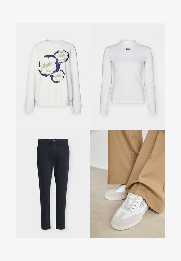 Hvid sweatshirt med tre store blomsterdesigns i creme og marineblå hexagonale detaljer, med ribbede manchetter og en rund halsudskæring.; Hvid langærmet turtleneck-top lavet af strækstof, med en tætsiddende design og et lille blåt logo på brystet.; Mørkeblå mænds slim-fit afslappede bukser med knaplukning og bæltestropper, vist på en ensfarvet lysegrå baggrund.; Hvide sneakers med ruskinddetaljer, strukturerede snørebånd og gummisål. Kombineret med løse, brune bukser. Logoet er vist på siden.