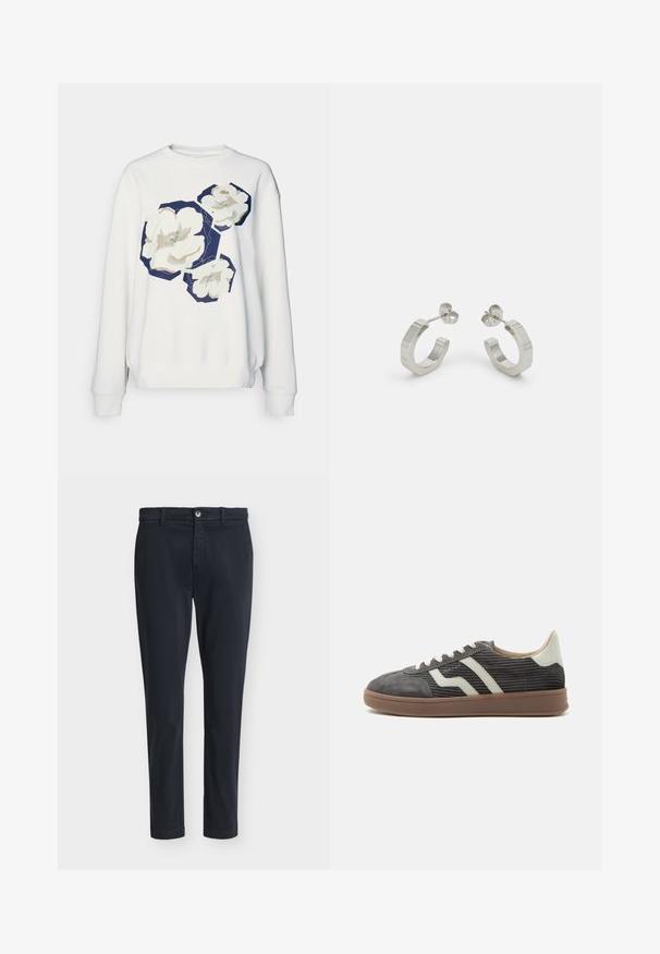 Hvid sweatshirt med tre store blomsterdesigns i creme og marineblå hexagonale detaljer, med ribbede manchetter og en rund halsudskæring.; Mørkeblå mænds slim-fit afslappede bukser med knaplukning og bæltestropper, vist på en ensfarvet lysegrå baggrund.; Grå corduroy lav-sneaker med hvide sidestriber, beige hælflap, hvide snørebånd og brun gummisål.; Sølv metal hoop øreringe med et tekstureret design, der har en lille post bagpå og branding på en af øreringene. Rund form med en poleret overflade.