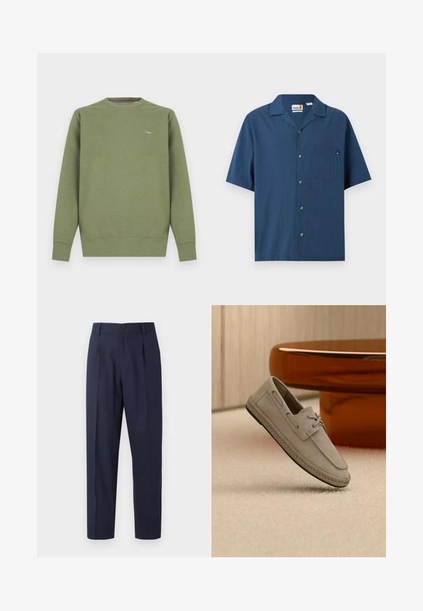 Grøn sweatshirt lavet af bomuldsblanding med rund hals, ribkant ved ærmer og bund. Har et lille logo på brystet. Glat tekstur.; Kortærmet mørkeblå skjorte med knapper, brystlomme og spredt krave, vist på en ensfarvet lys baggrund.; Marineblå bukser lavet af glat stof, med lige ben, folder foran og en enkelt knaplukning i taljen.; Lysebrun ruskinds bådsko med snørredetaljer og sål i espadrillestil, placeret opret på beige tæppe nær brunt rundt møbel.