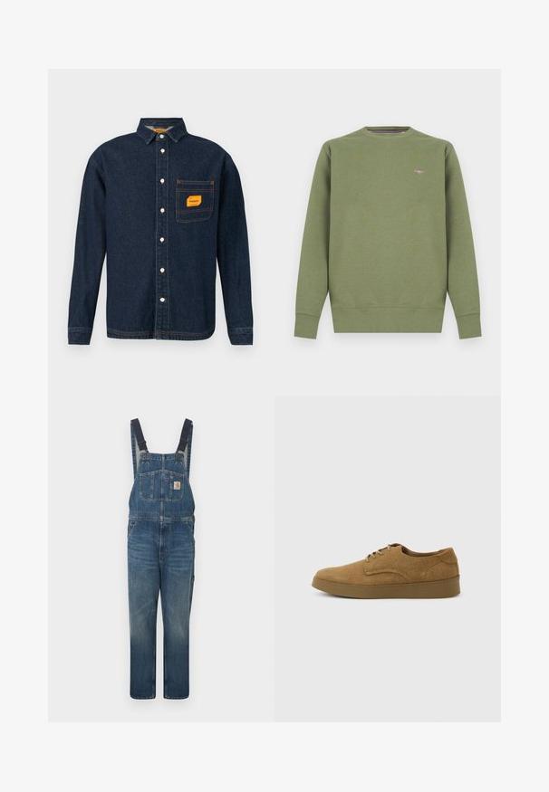 Sudadera verde de mezcla de algodón con cuello redondo, puños y dobladillo acanalados. Presenta un pequeño logotipo en el pecho. Textura suave.; Camisa de mezclilla azul oscuro con cuello abotonado, etiqueta naranja en el bolsillo del pecho y botones blancos. Textura suave con detalles de costura en contraste.; Peto vaquero azul con tirantes negros ajustables, bolsillo frontal en el pecho con parche de logo y bolsillos laterales, extendido sobre un fondo blanco.; Zapato casual marrón de ante con cordones y suela de goma plana, visto de lado sobre un fondo claro y liso.