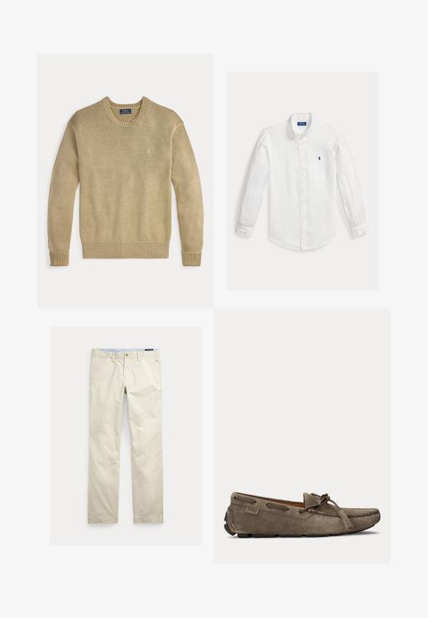 Beige strikket sweater med rund hals, ribbede manchetter og kant, der har et diskret logo på brystet. Letvægts- og tekstureret design.; Hvid langærmet skjorte med knapper og en skjortekrave med knapper samt lille blå broderet Polo Ralph Lauren-logo på venstre bryst.; Beige bomuld straight-leg bukser med bæltestropper, forreste knap, lynlås og sidelommer.; Lysebrun ruskindsslipper med snøre- og duskedetalje, syet moc-tå og gummiydersål, sidevisning.