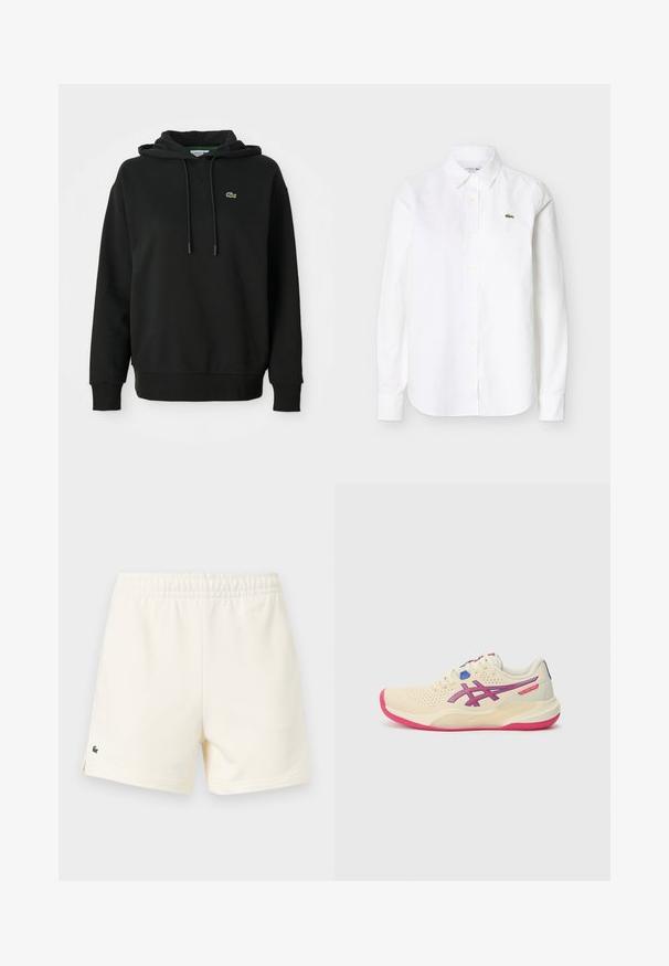 Hoodie noir en tissu doux, doté d'une poche kangourou, d'une capuche avec cordon de serrage et d'un petit logo vert Lacoste sur la poitrine.; Chemise blanche à manches longues avec col et boutons, ornée d'un petit logo crocodile vert sur la poitrine gauche.; Shorts décontractés de couleur blanc cassé avec taille élastique et petit logo de crocodile vert sur la partie inférieure de la jambe gauche.; Chaussure de sport couleur crème avec une semelle rose, des accents bleus et violets, une tige perforée et un design à bout rond.