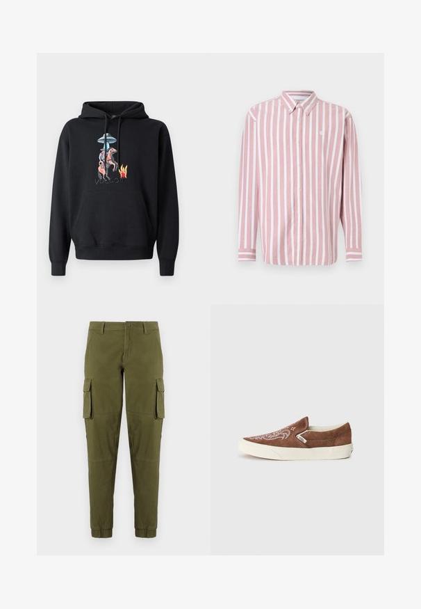 Schwarzer Kapuzenpullover mit einer vorderen Tasche, versehen mit einer bunten Grafik eines Cowboys auf einem Pferd, einem UFO und Flammen, darunter ist "volcom" aufgestickt.; Gestreiftes Hemd zum Knöpfen in Pink und Weiß. Verfügt über einen Kragen, lange Ärmel und ein kleines Logo. Hergestellt aus gewebtem Stoff.; Olivgrüne Cargo-Hosen mit elastischen Bündchen, ausgestattet mit zwei seitlichen Cargo-Taschen, einem vorderen Knopfverschluss und einem glatten, leichten Stoff.; Vans CLASSIC SLIP ON UNISEX - Sneaker low - potting soil/marshmallow