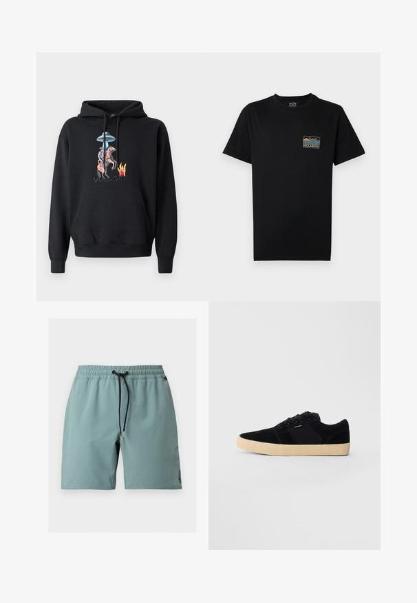 Sweat à capuche noir avec une poche avant, présentant un graphisme coloré d'un cow-boy à cheval, un OVNI, et des flammes, avec le mot « volcom » brodé en dessous.; T-shirt noir à manches courtes avec un petit graphique multicolore de montagne et d'océan, ainsi que le texte « BILLABONG Adventure division » sur le côté gauche de la poitrine.; Short de bain homme bleu clair avec taille élastique, cordon noir réglable et petit logo près de l'ourlet sur la jambe droite.; Baskets basses noires avec une semelle texturée beige, des lacets et un petit logo sur le côté, sur un fond gris clair uni.