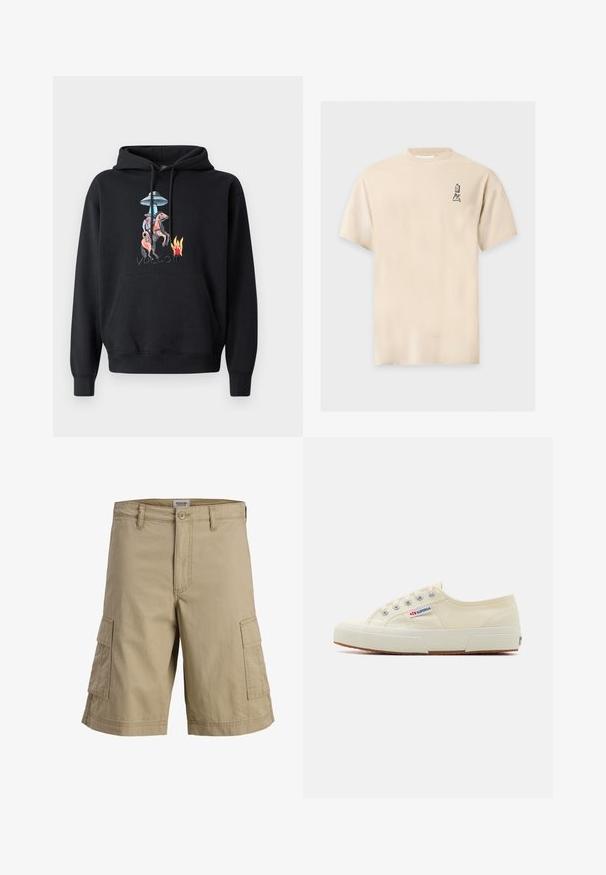 Sweat à capuche noir avec une poche avant, présentant un graphisme coloré d'un cow-boy à cheval, un OVNI, et des flammes, avec le mot « volcom » brodé en dessous.; T-shirt beige à manches courtes avec col rond et petits caractères japonais noirs imprimés sur la partie supérieure gauche de la poitrine.; Short cargo beige longueur genou avec fermeture à bouton et zip devant et deux poches latérales à rabat.; Baskets en toile beige au design épuré, œillets en métal et semelle en caoutchouc. Présente un motif texturé et un détail de logo sur le côté.