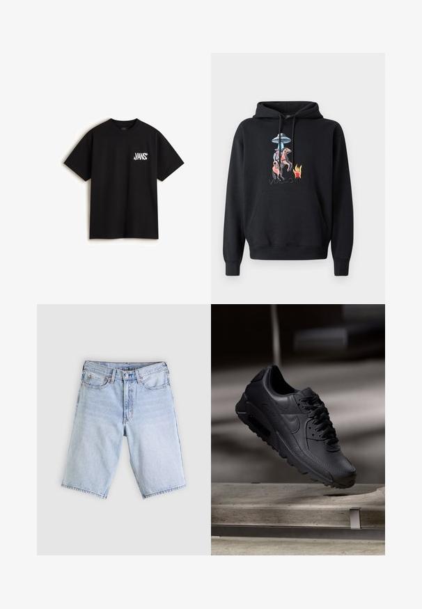 Sort hættetrøje med en forlomme, med en farverig grafik af en cowboy på en hest, en UFO og flammer, med "volcom" broderet nedenunder.; Vans CHAOS - T-shirts print - black; Lyseblå denimshorts med frontknap og lynlås, bæltestropper og femlomme-design lagt fladt på en hvid baggrund.; Sorte Nike Air Max-sneakers med en struktureret læderoverdel, gummisål og fremtrædende snøresystem, der viser et slankt, moderne design.