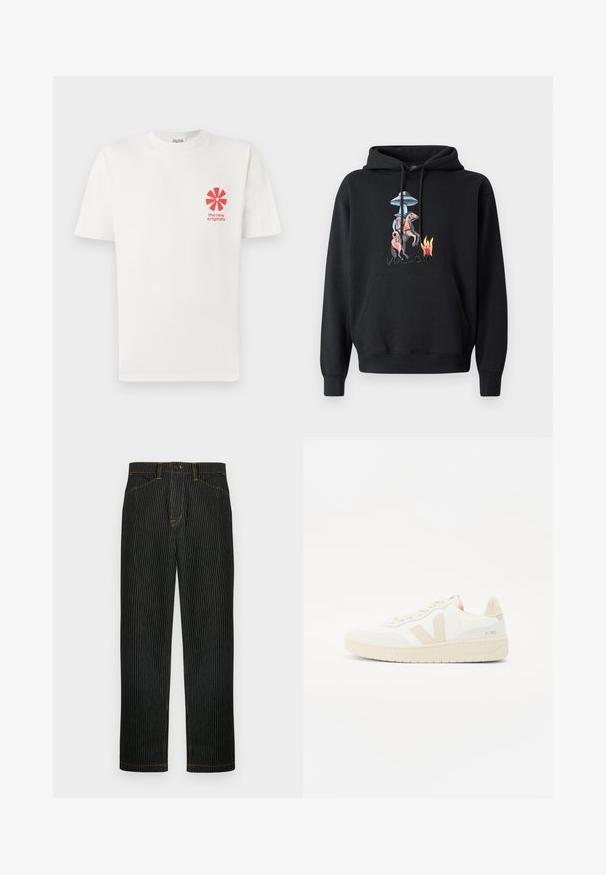 Zwarte hoodie met een voorzak, voorzien van een kleurrijke afbeelding van een cowboy te paard, een UFO en vlammen, met "volcom" onder geborduurd.; Witte katoenen T-shirt met een rode grafische bloemenontwerp op de linkerkant van de borst, met de tekst "de nieuwe originelen" eronder. Korte mouwen, ronde hals.; Zwarte broek met strepen van denim, met oranje stiksels en een rechte pijp. Voorzien van een knoopsluiting aan de voorkant en lussen voor een riem.; Witte sneaker met beige accenten, voorzien van een gestructureerde bovenkant, ronde neus en een dikke rubberen zool. Het ontwerp bevat het iconische V-logo en merkbranding.