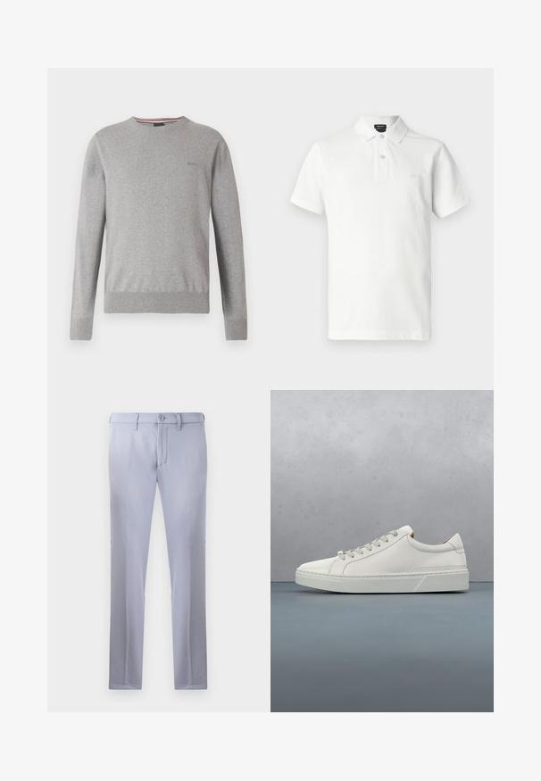 Grå sweater med rund halsudskæring, lange ærmer, ribkant ved ærmer og kant, med et diskret logo på brystet og stribede detaljer ved halsudskæringen.; Hvid polo med korte ærmer, krave og to knapper, almindelig pasform, lille præget logo på venstre bryst.; Lysegrå skræddersyede bukser lavet af glat stof, med knaplukning, bæltestropper og lige ben. Ingen synlige lommer.; Hvid lædersneaker med rund tå, minimalistisk design, grå snørebånd og en tekstureret grå gummisål. Subtile syningsdetaljer er synlige.